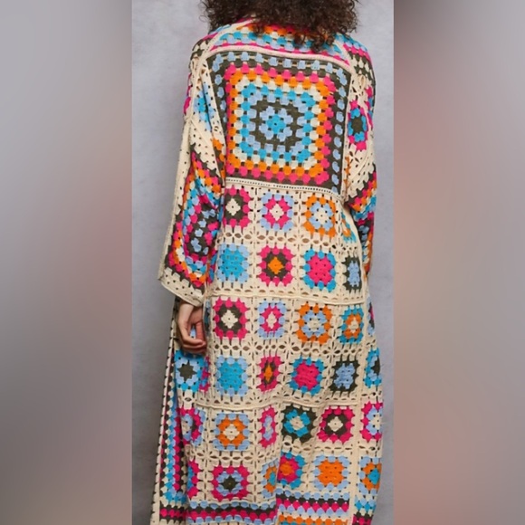 POL GRANNY SQUARE CROCHETED CARDIGAN DUSTER SWEATER BEIGE MULTI COLORED NEW - Picture 3 of 5